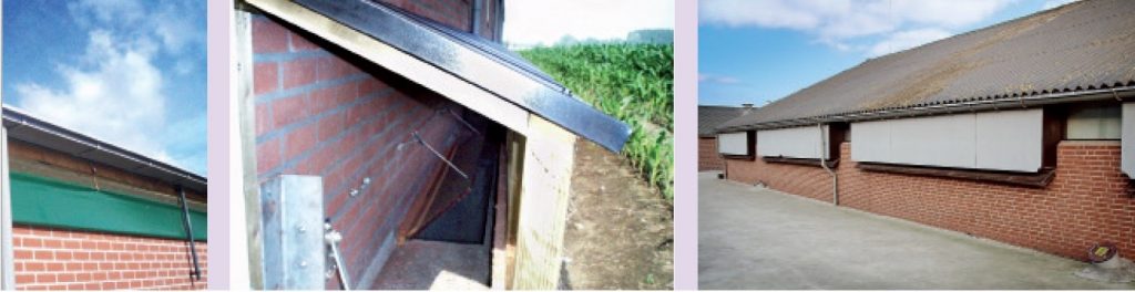 Drie foto's van luchtinlaten: een windvangkap, een luchtinlaat met verstelbare klep en een winddrukkap